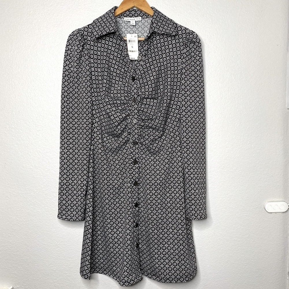 NWT “AND NOW THIS” Small, Black w/ White Long Sleeve Geo Print Polo Shirt